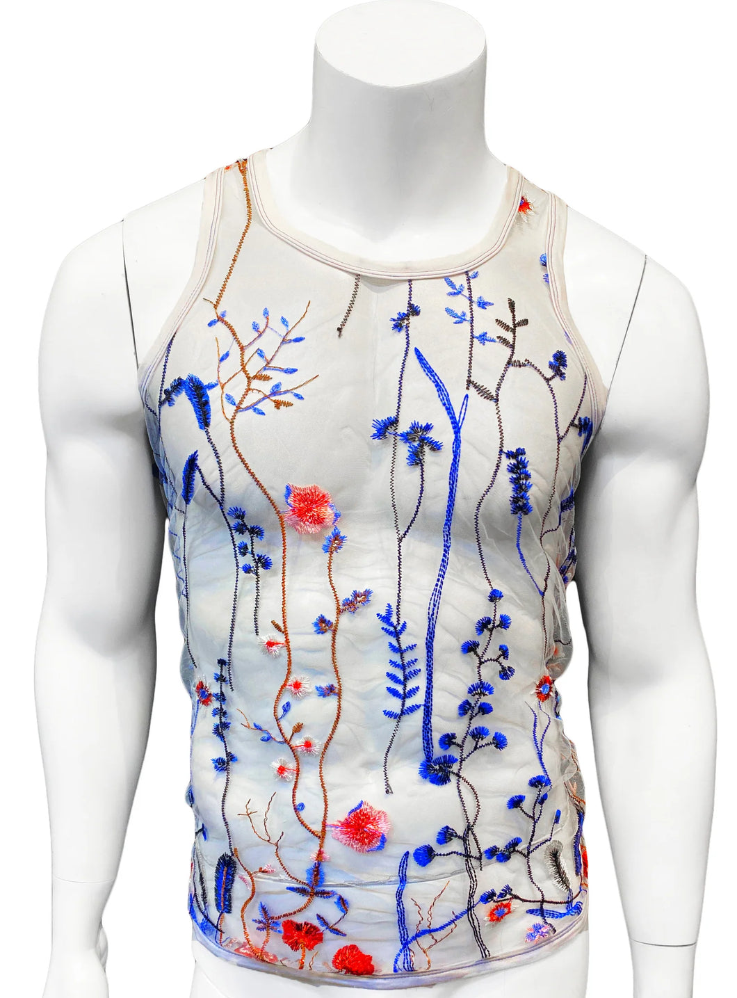 Embroidered Floral Mesh Tank - White and Blue